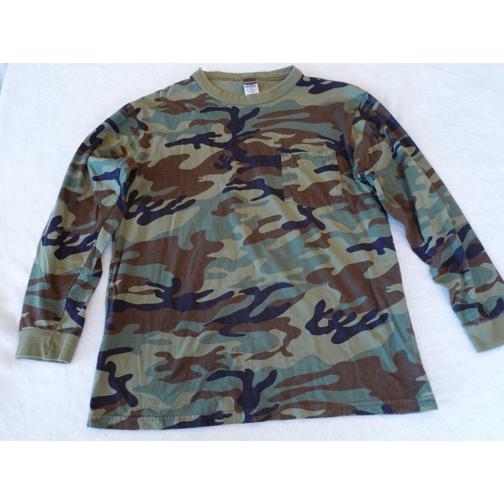 Vtg Ranger Woodland Camo Pocket T-Shirt Large Long Sleeve Green Hunting Outdoors